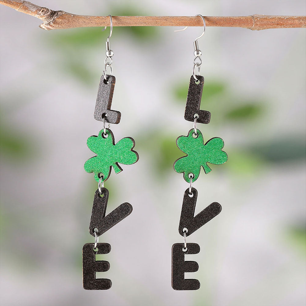 Joyería al por mayor Pendientes de madera de trébol de la suerte del día de San Patricio